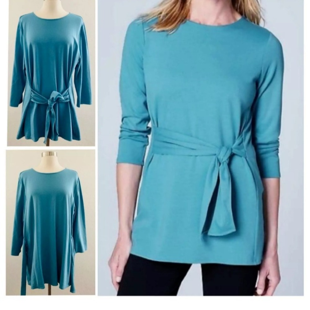 NWT J.Jill Ponte Front Side Tie Tunic Top Blue Topaz Viscose Blend 3/4 Sleeve XL